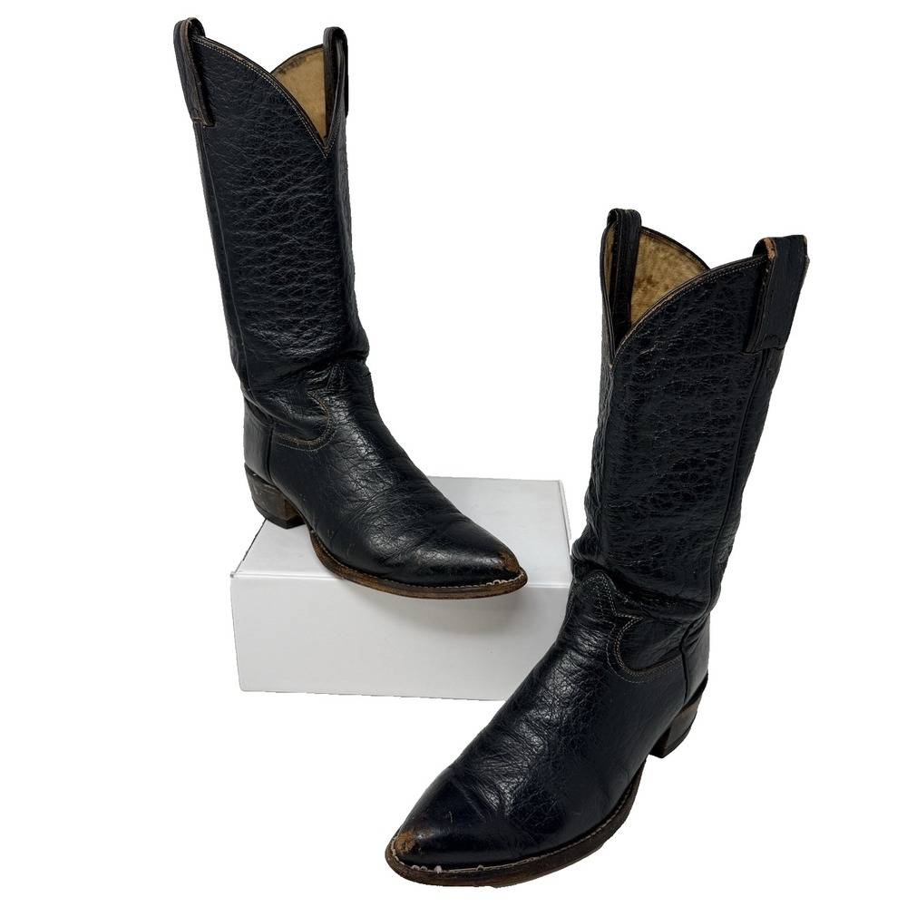 Vintage Tony Lama H1738 Cowboy Boots Mens 7.5 D Black Water Buffalo USA Western